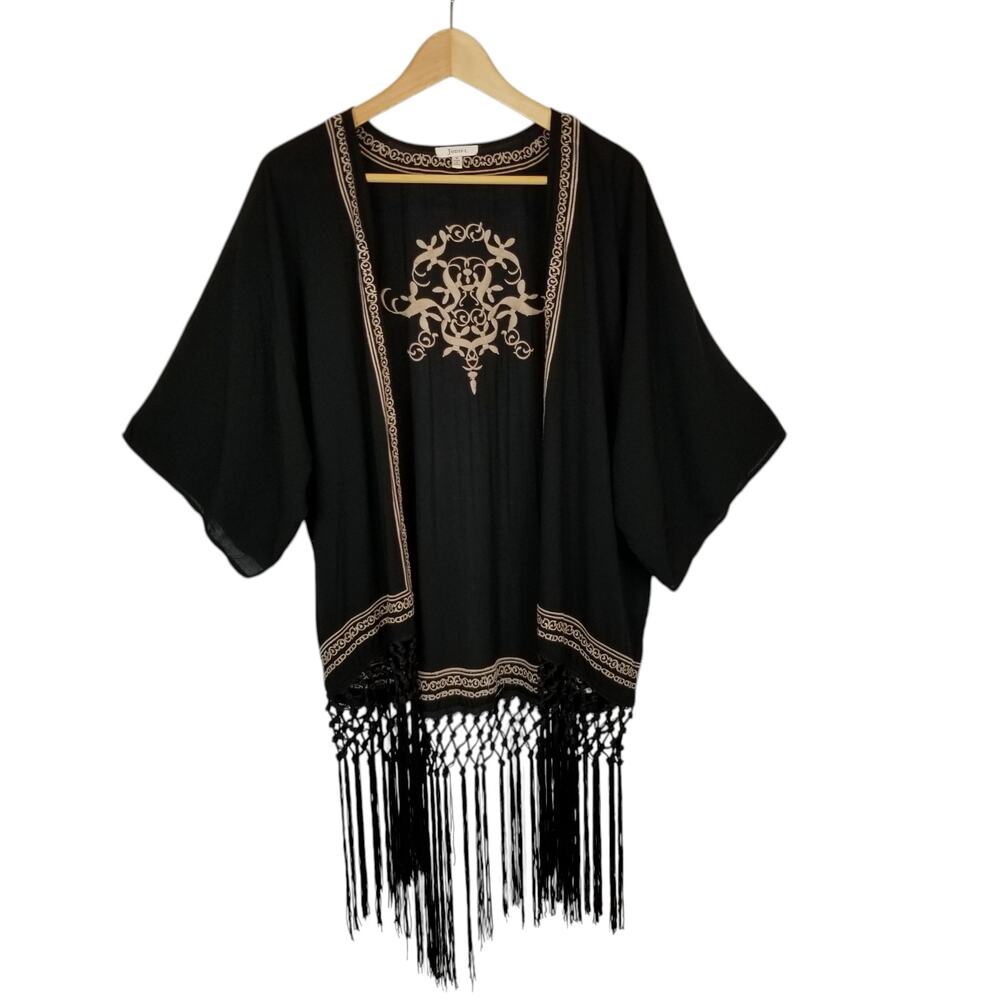 Jodifl Women's Black Tan Embroidered Fringe Kimono Size Medium